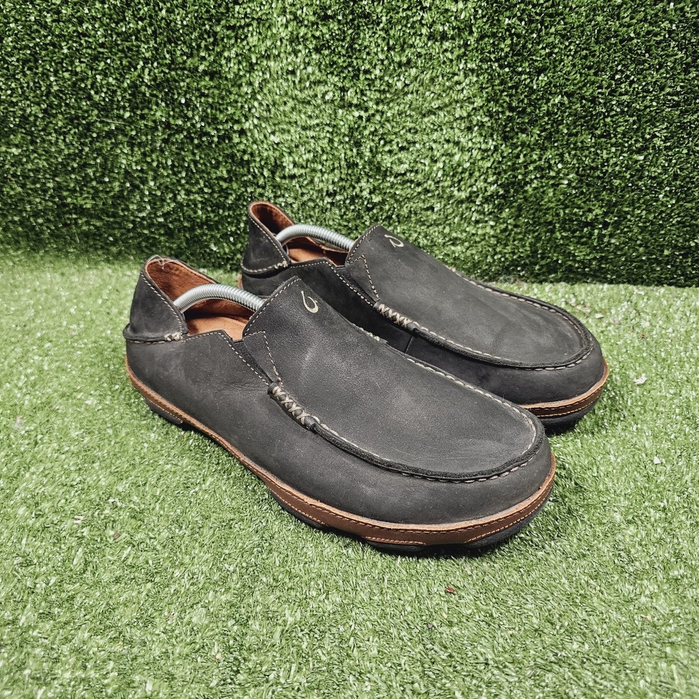 Olukai Moloa Black Leather Drop Heel Slip On Comfort Loafers Mens Size 11